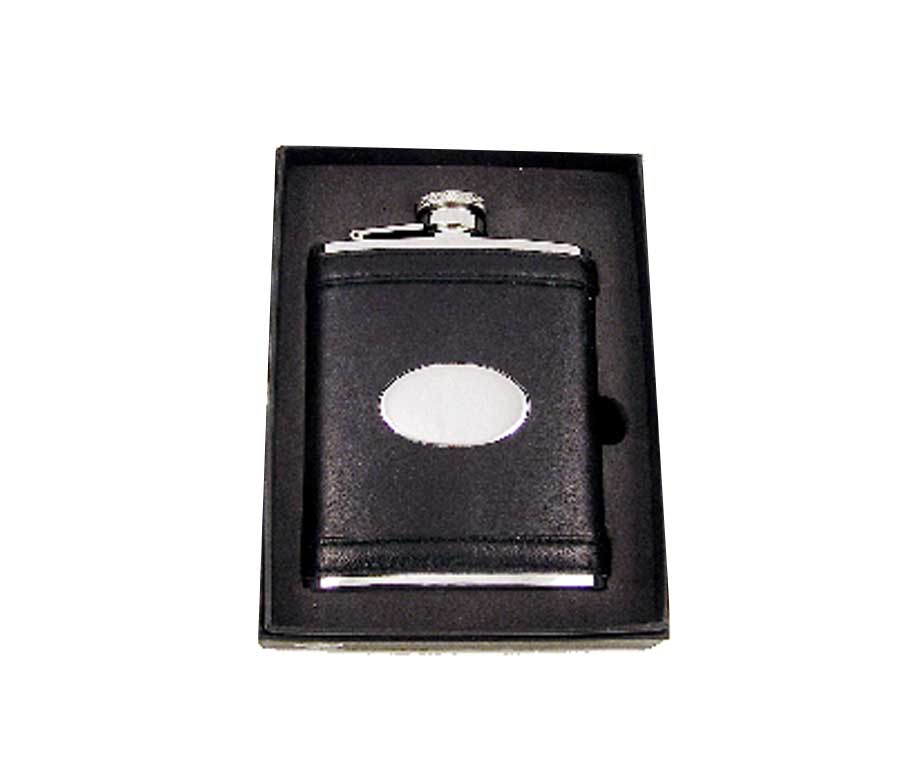 6oz Black Faux Leather Bound Hip Flask Engraved Free 