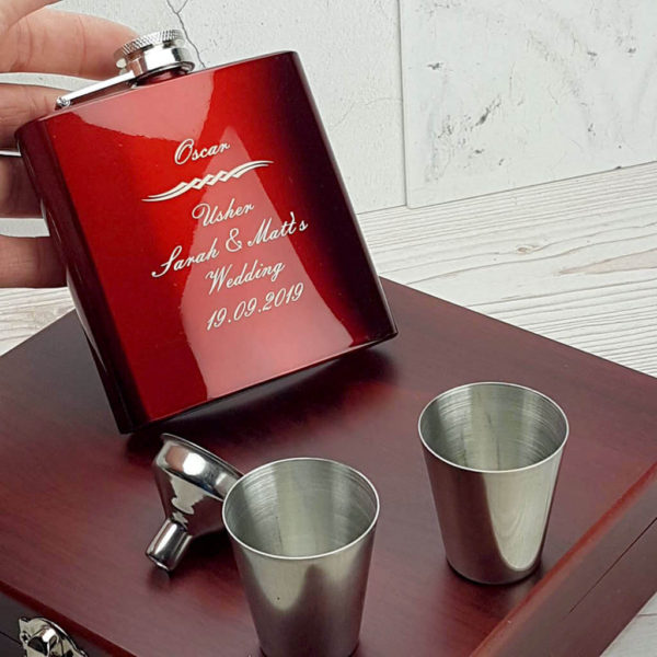 Striking personalised hip flask with gorgeous presentation box, funnel and nip cups - WIA1026